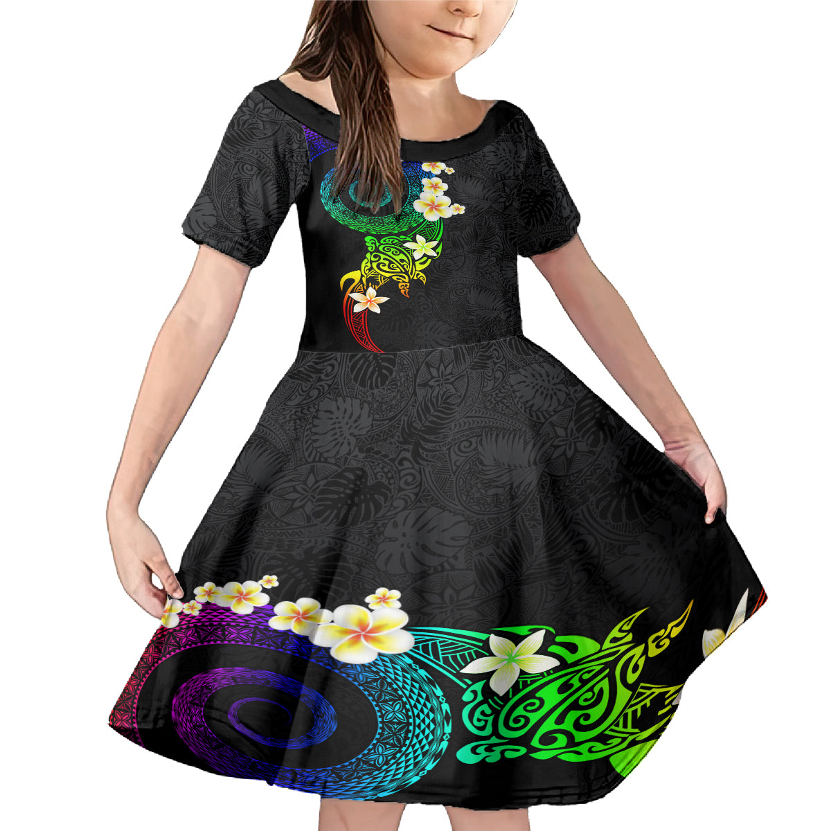 Polynesian Spiral Tribal Tattoo Family Matching Mermaid Dress and Hawaiian Shirt Fanciful Color LT03 Daughter's Dress Black - Polynesian Pride