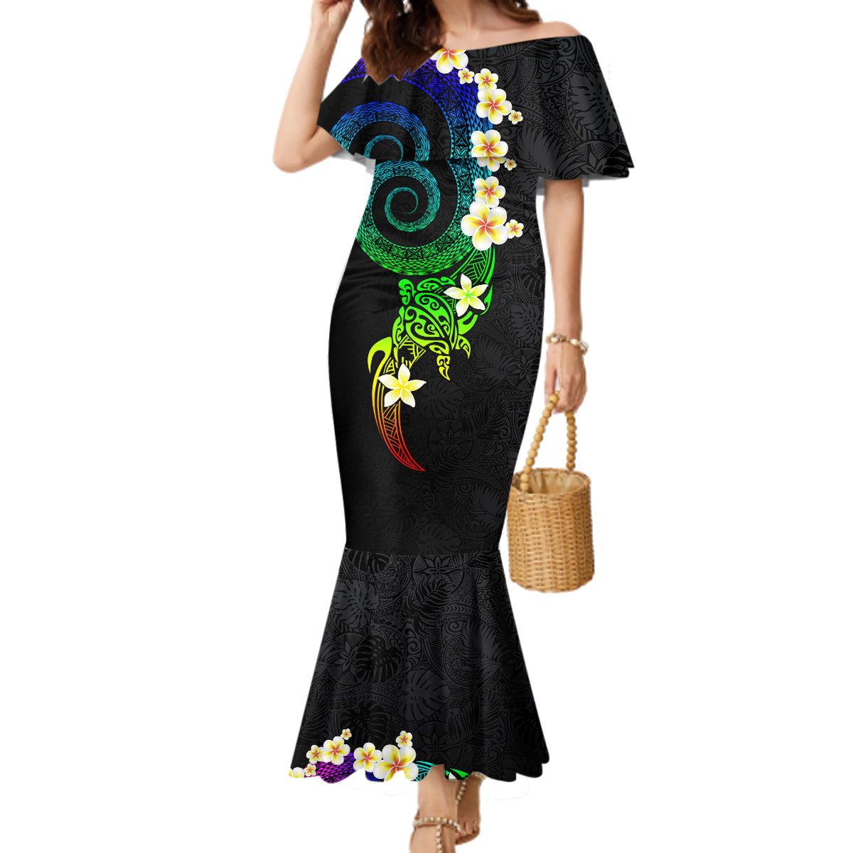 Polynesian Spiral Tribal Tattoo Family Matching Mermaid Dress and Hawaiian Shirt Fanciful Color LT03 Mom's Dress Black - Polynesian Pride
