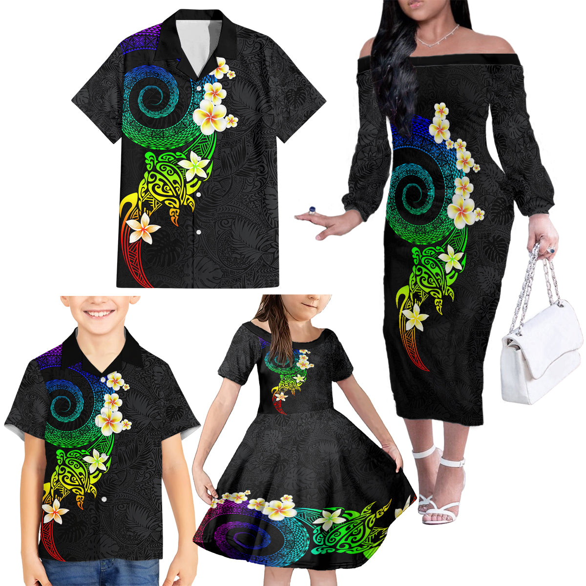Polynesian Spiral Tribal Tattoo Family Matching Off The Shoulder Long Sleeve Dress and Hawaiian Shirt Fanciful Color LT03 - Polynesian Pride