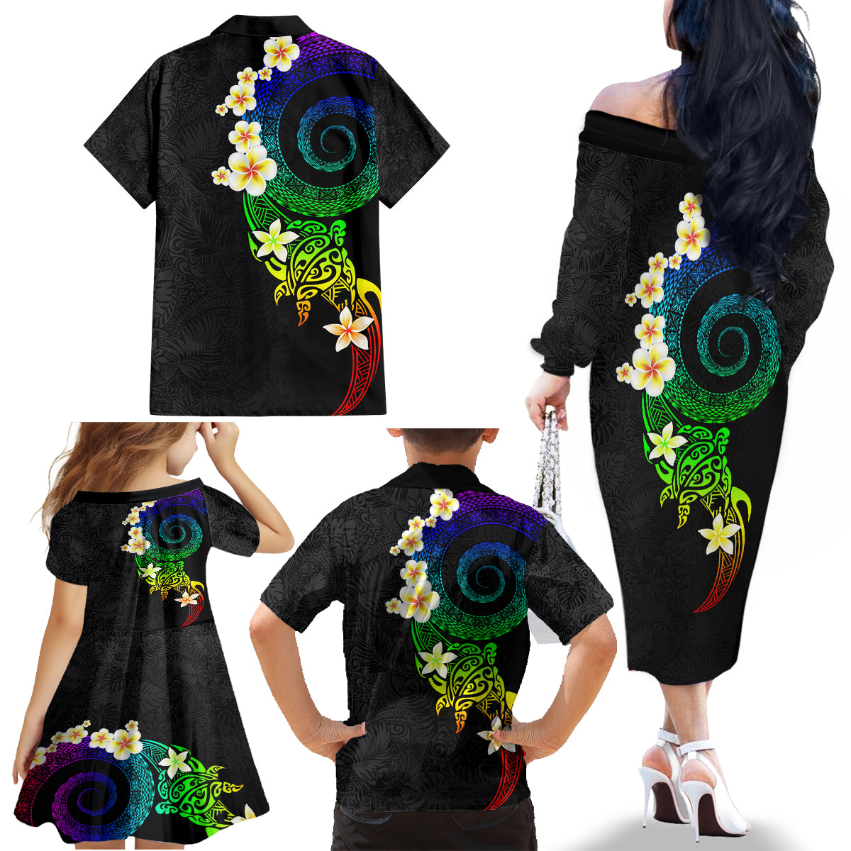 Polynesian Spiral Tribal Tattoo Family Matching Off The Shoulder Long Sleeve Dress and Hawaiian Shirt Fanciful Color LT03 - Polynesian Pride