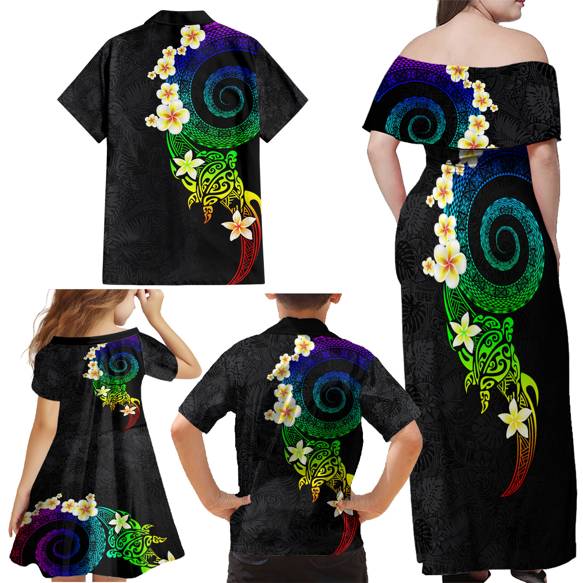 Polynesian Spiral Tribal Tattoo Family Matching Off Shoulder Maxi Dress and Hawaiian Shirt Fanciful Color LT03 - Polynesian Pride