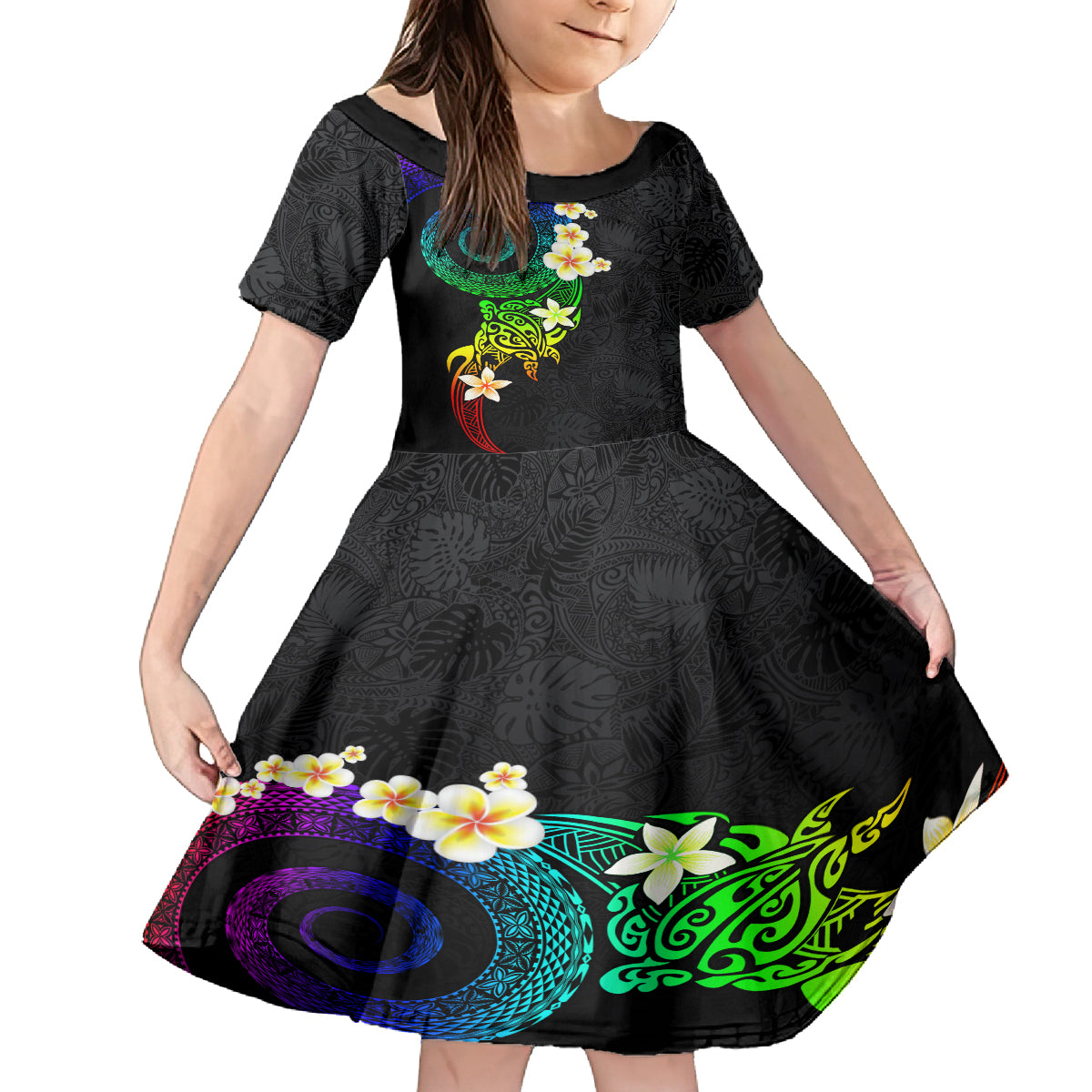 Polynesian Spiral Tribal Tattoo Family Matching Puletasi and Hawaiian Shirt Fanciful Color LT03 Daughter's Dress Black - Polynesian Pride