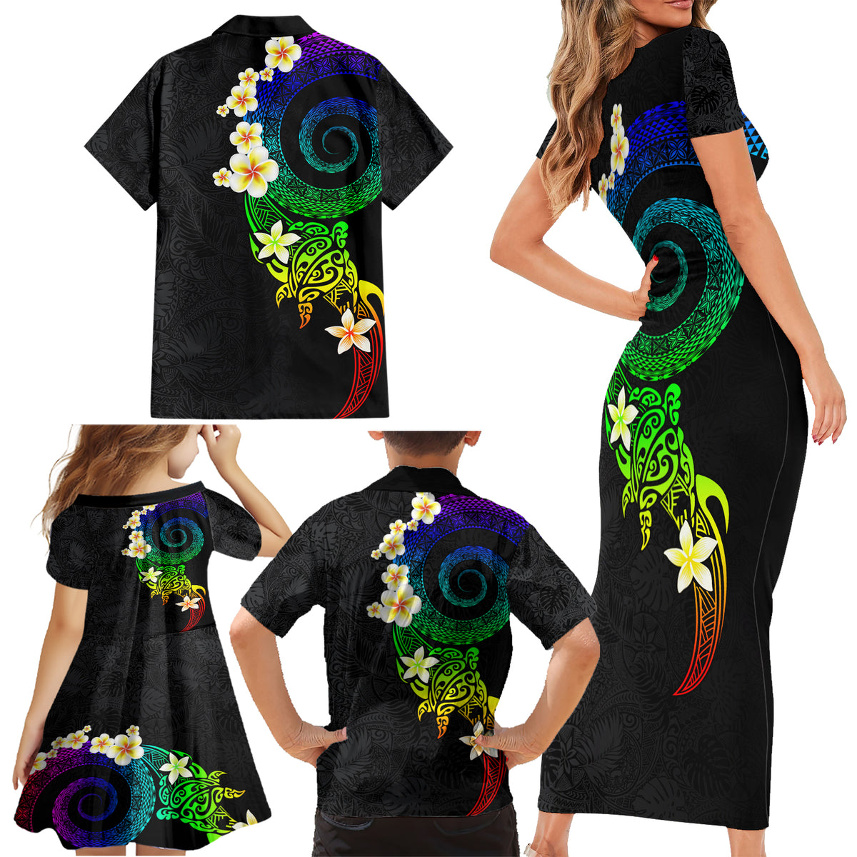 Polynesian Spiral Tribal Tattoo Family Matching Short Sleeve Bodycon Dress and Hawaiian Shirt Fanciful Color LT03 - Polynesian Pride