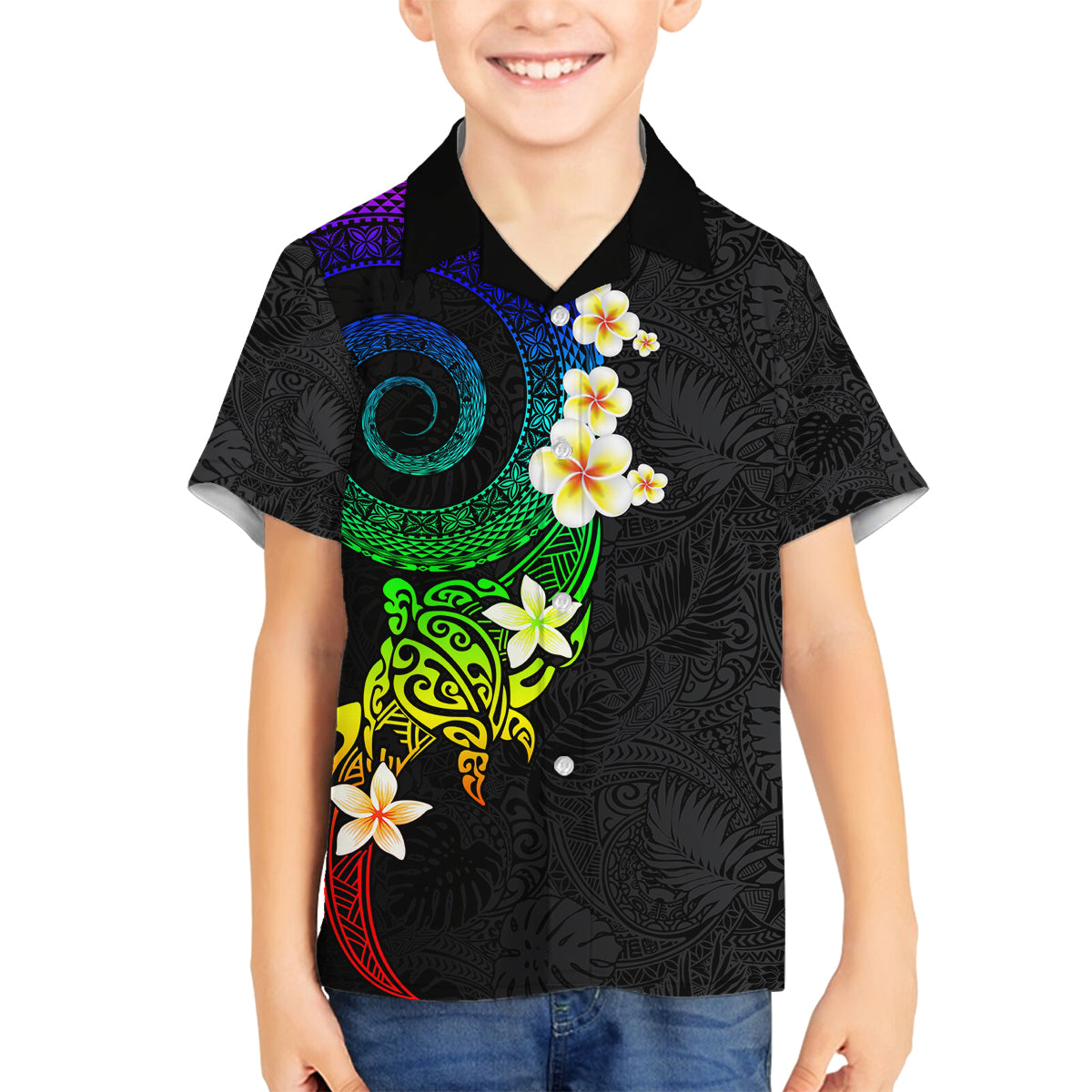Polynesian Spiral Tribal Tattoo Family Matching Tank Maxi Dress and Hawaiian Shirt Fanciful Color LT03 Son's Shirt Black - Polynesian Pride