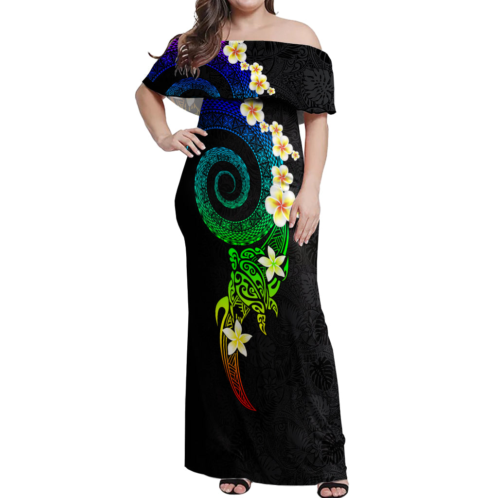 Polynesian Spiral Tribal Tattoo Off Shoulder Maxi Dress Fanciful Color