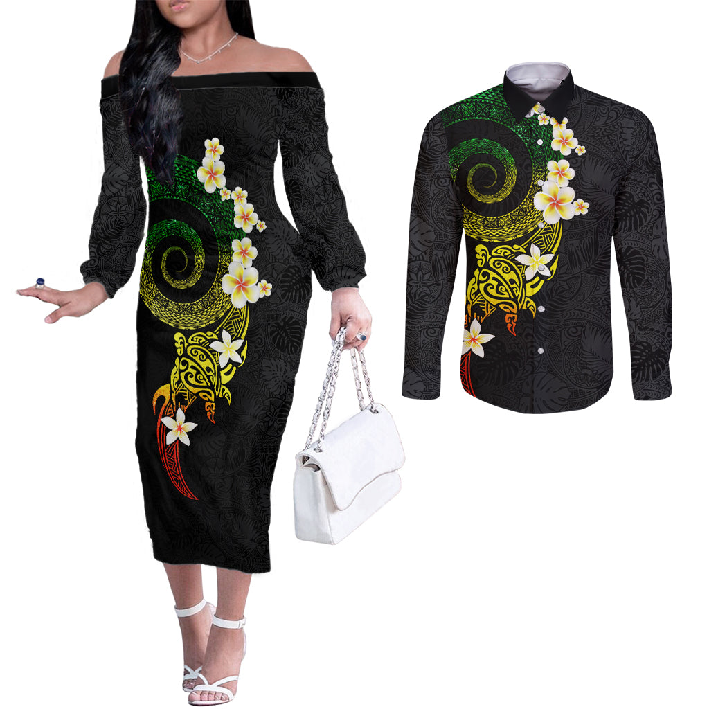 Polynesian Spiral Tribal Tattoo Couples Matching Off The Shoulder Long Sleeve Dress and Long Sleeve Button Shirt Reggae Color