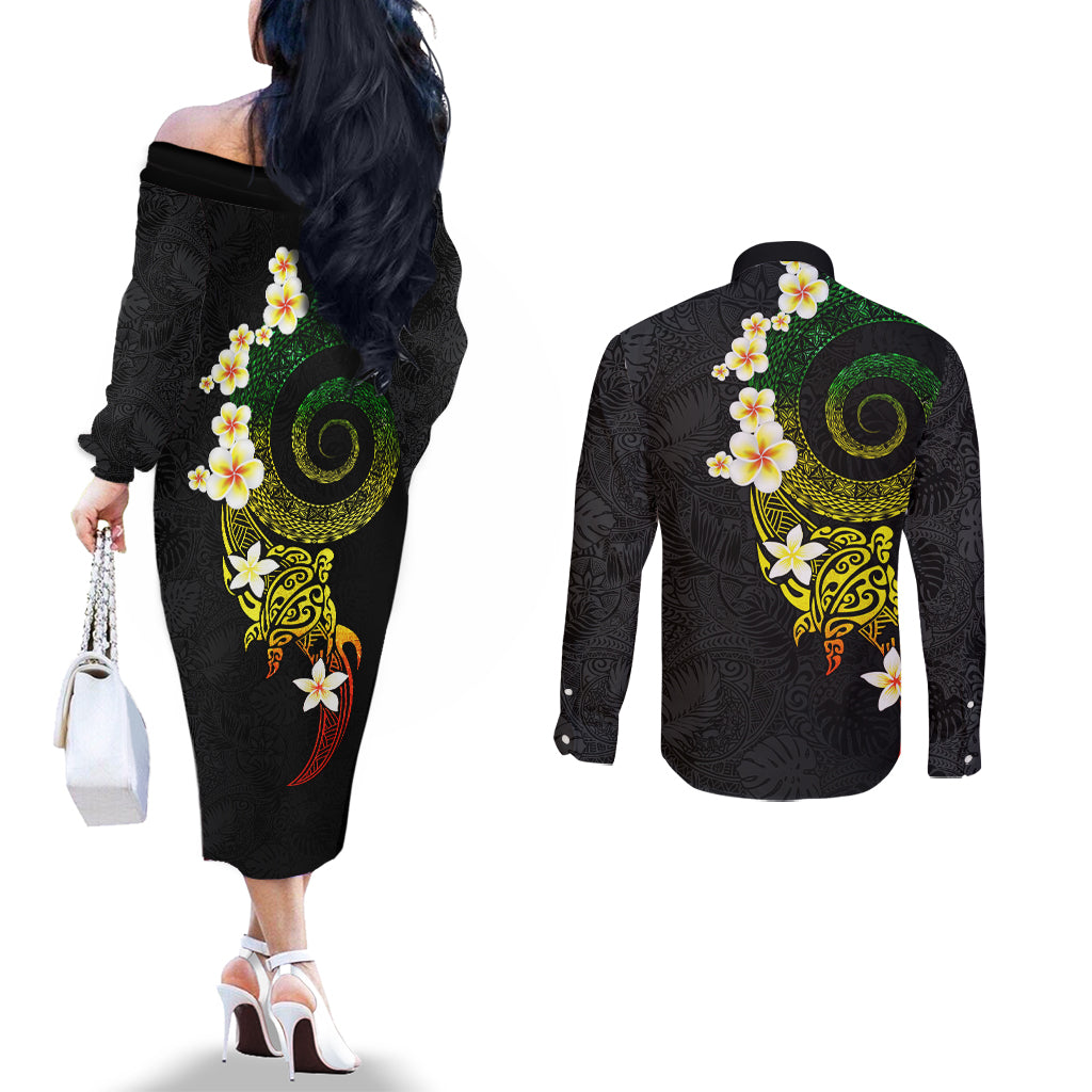 Polynesian Spiral Tribal Tattoo Couples Matching Off The Shoulder Long Sleeve Dress and Long Sleeve Button Shirt Reggae Color