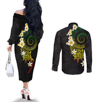 Polynesian Spiral Tribal Tattoo Couples Matching Off The Shoulder Long Sleeve Dress and Long Sleeve Button Shirt Reggae Color