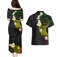 Polynesian Spiral Tribal Tattoo Couples Matching Puletasi and Hawaiian Shirt Reggae Color