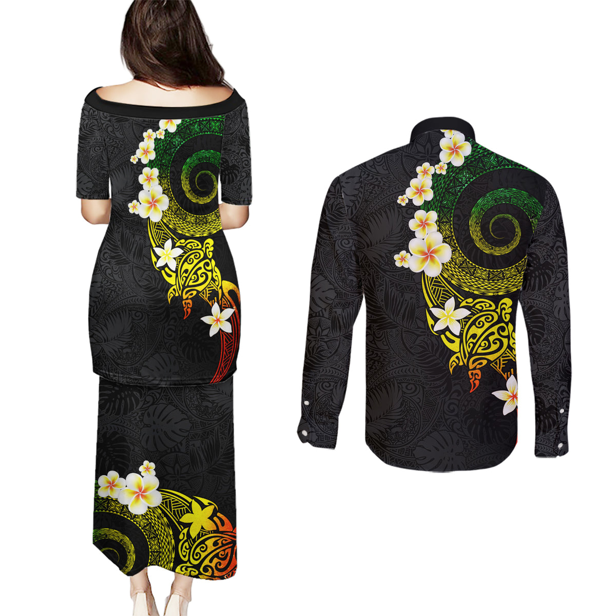 Polynesian Spiral Tribal Tattoo Couples Matching Puletasi and Long Sleeve Button Shirt Reggae Color