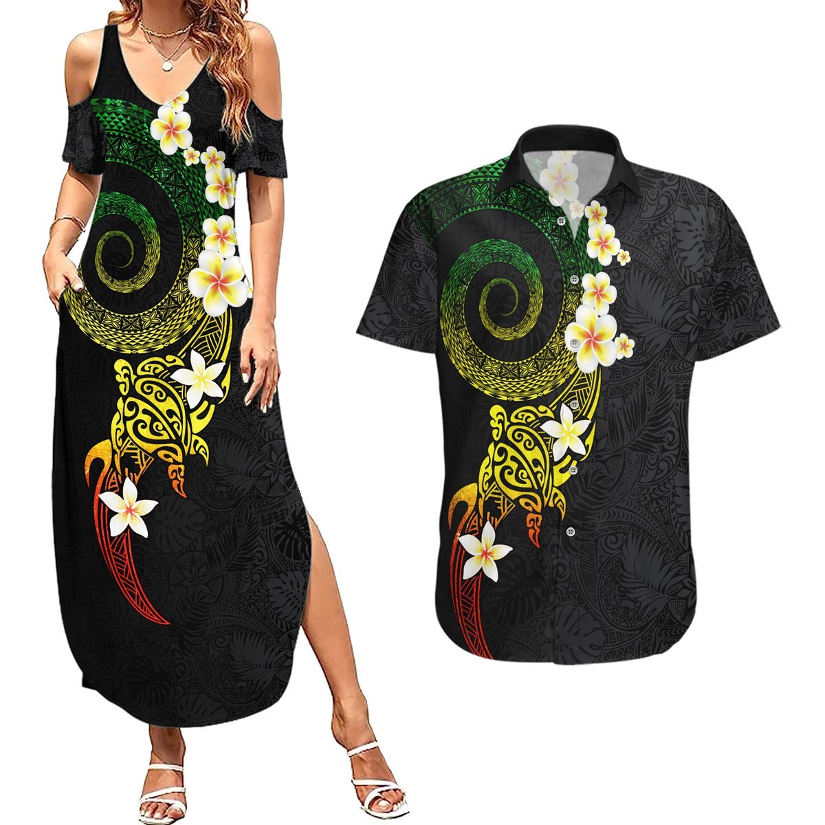 Polynesian Spiral Tribal Tattoo Couples Matching Summer Maxi Dress and Hawaiian Shirt Reggae Color LT03 Reggae - Polynesian Pride