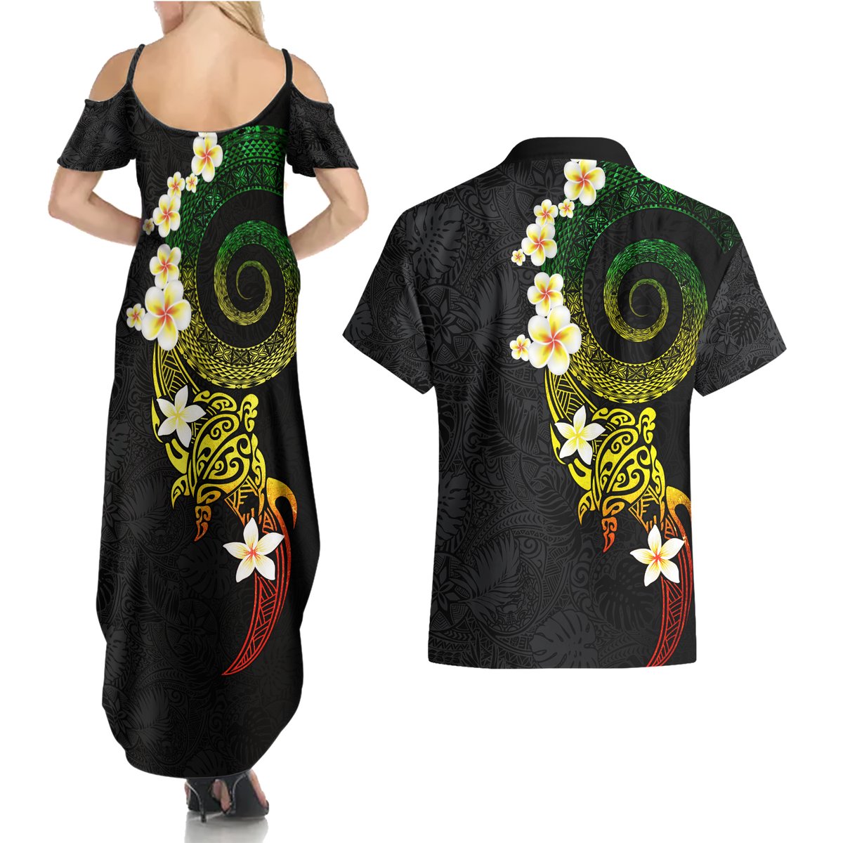 Polynesian Spiral Tribal Tattoo Couples Matching Summer Maxi Dress and Hawaiian Shirt Reggae Color