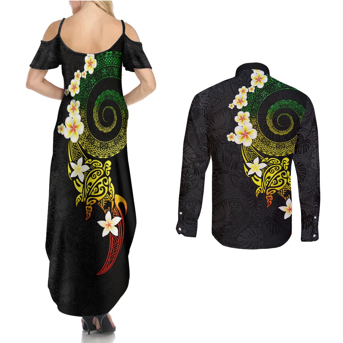 Polynesian Spiral Tribal Tattoo Couples Matching Summer Maxi Dress and Long Sleeve Button Shirt Reggae Color