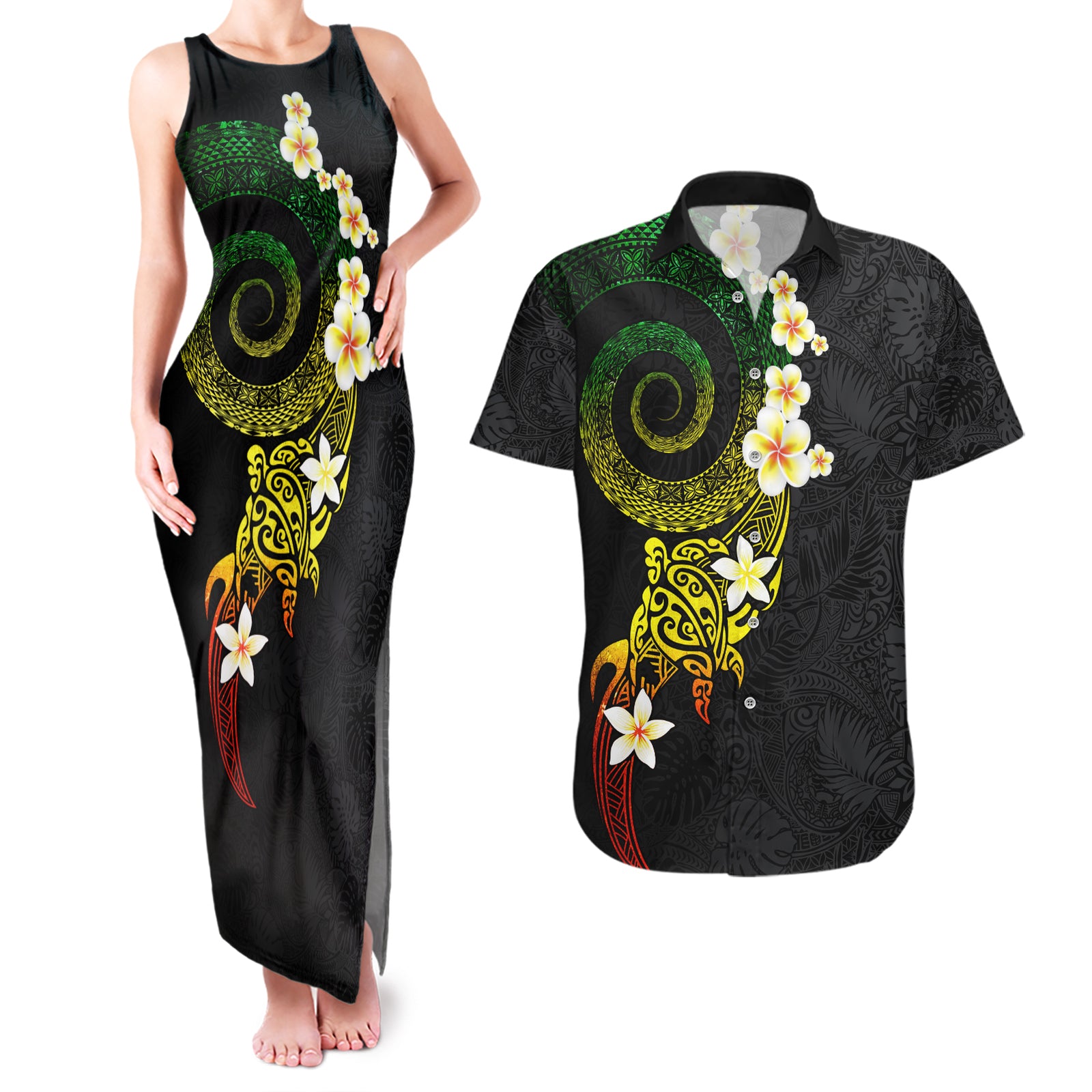 Polynesian Spiral Tribal Tattoo Couples Matching Tank Maxi Dress and Hawaiian Shirt Reggae Color