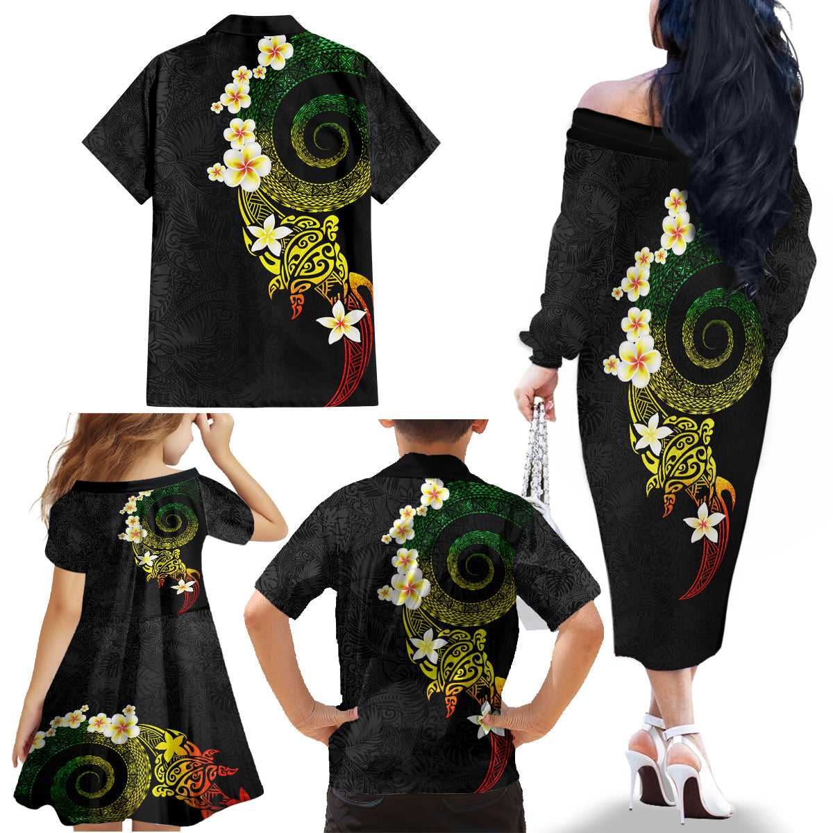 Polynesian Spiral Tribal Tattoo Family Matching Off The Shoulder Long Sleeve Dress and Hawaiian Shirt Reggae Color LT03 - Polynesian Pride