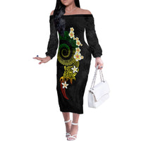 Polynesian Spiral Tribal Tattoo Family Matching Off The Shoulder Long Sleeve Dress and Hawaiian Shirt Reggae Color LT03 Mom's Dress Reggae - Polynesian Pride