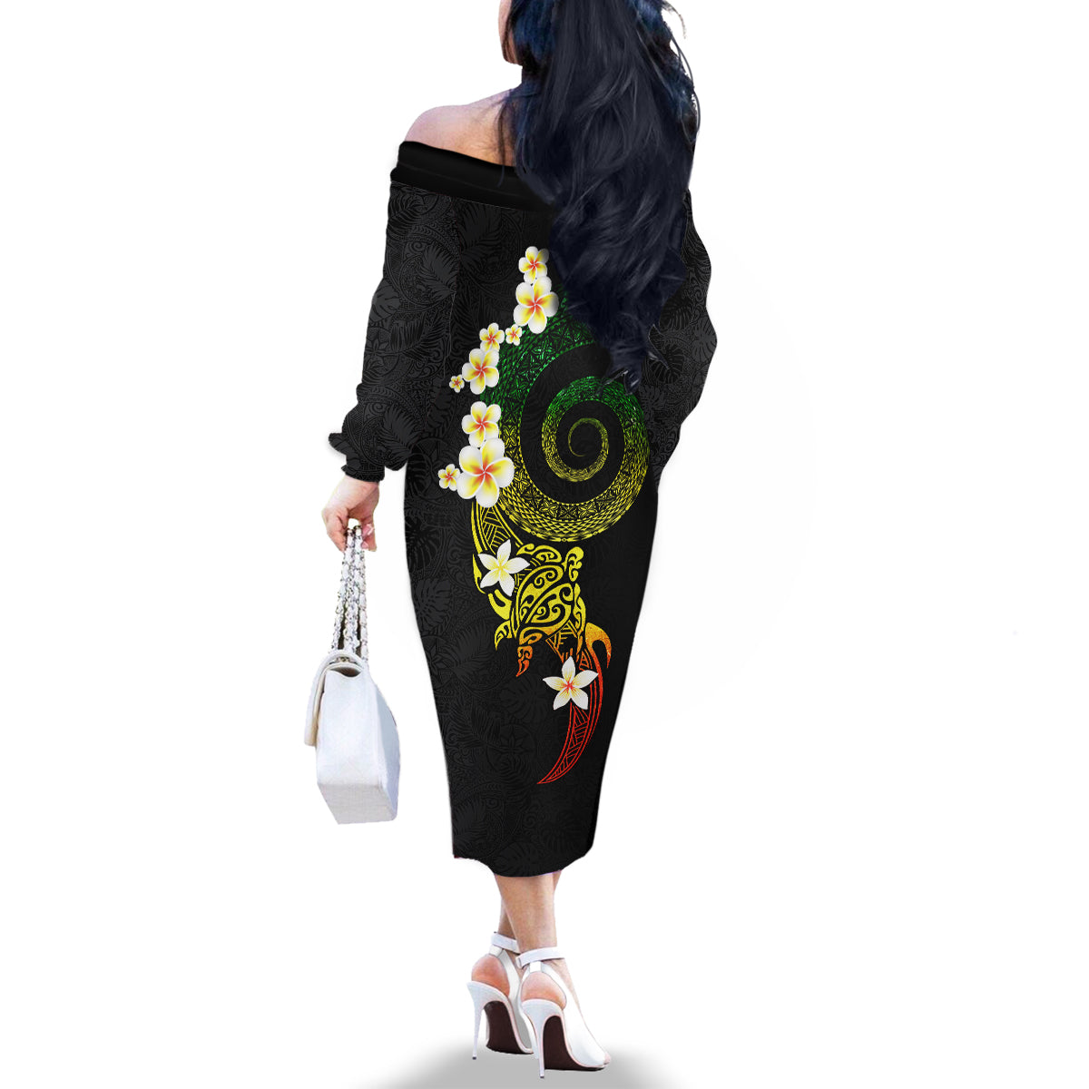 Polynesian Spiral Tribal Tattoo Family Matching Off The Shoulder Long Sleeve Dress and Hawaiian Shirt Reggae Color LT03 - Polynesian Pride