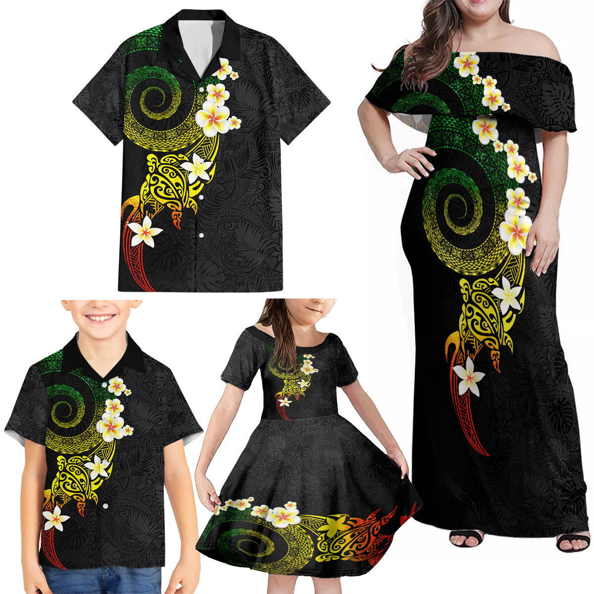 Polynesian Spiral Tribal Tattoo Family Matching Off Shoulder Maxi Dress and Hawaiian Shirt Reggae Color LT03 - Polynesian Pride