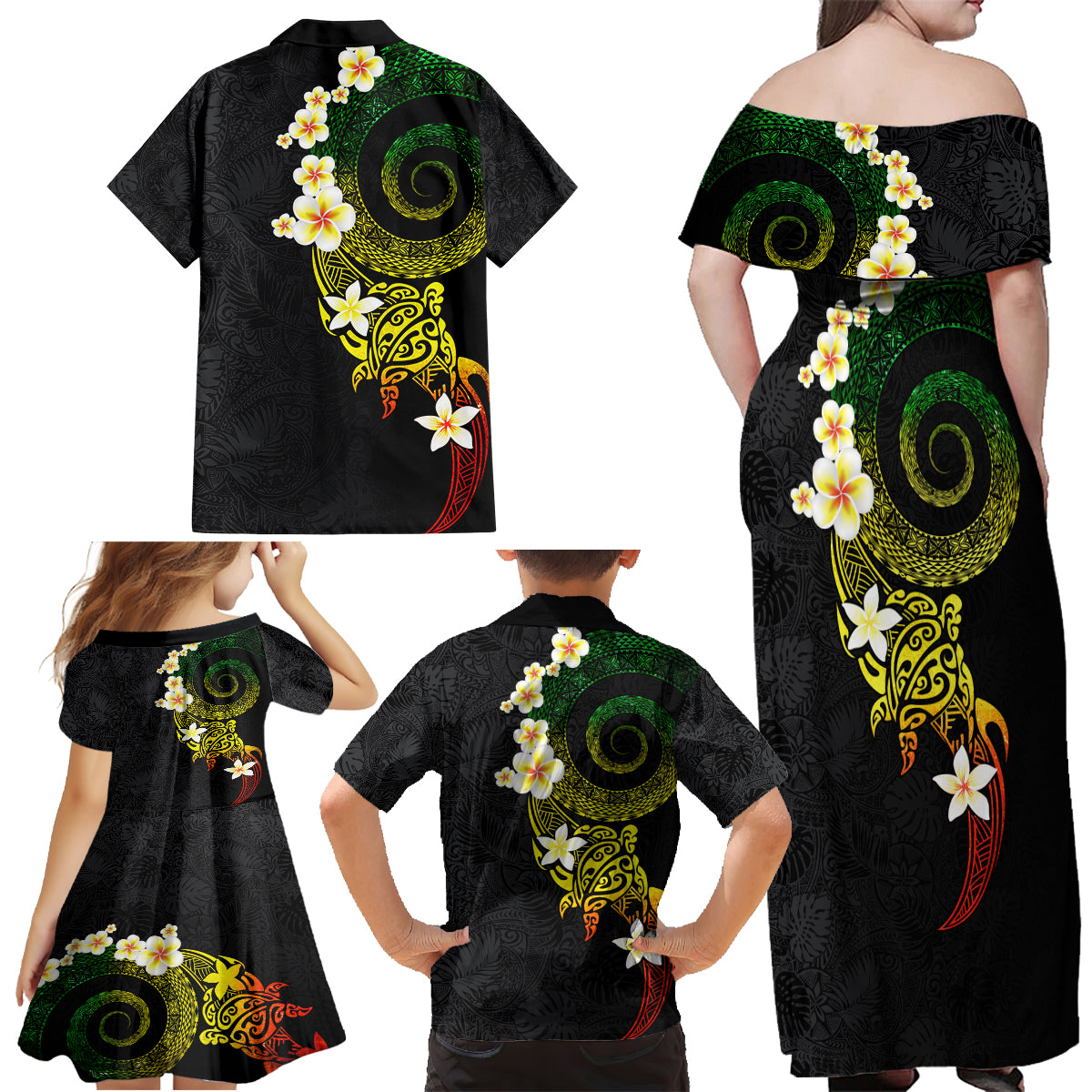 Polynesian Spiral Tribal Tattoo Family Matching Off Shoulder Maxi Dress and Hawaiian Shirt Reggae Color LT03 - Polynesian Pride