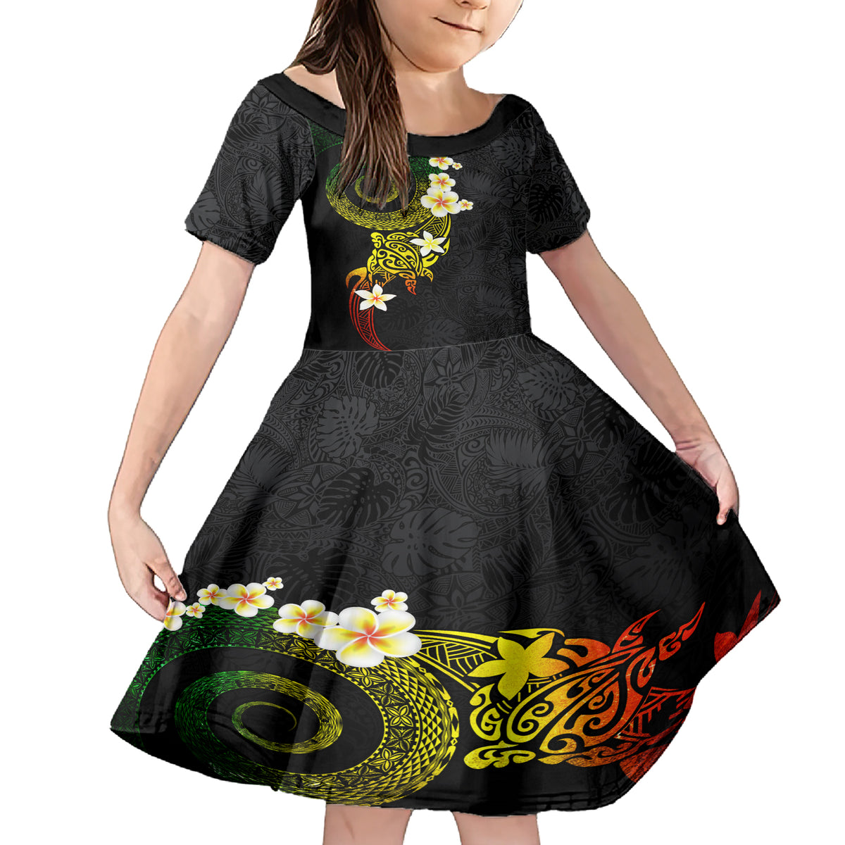 Polynesian Spiral Tribal Tattoo Family Matching Short Sleeve Bodycon Dress and Hawaiian Shirt Reggae Color LT03 Daughter's Dress Reggae - Polynesian Pride