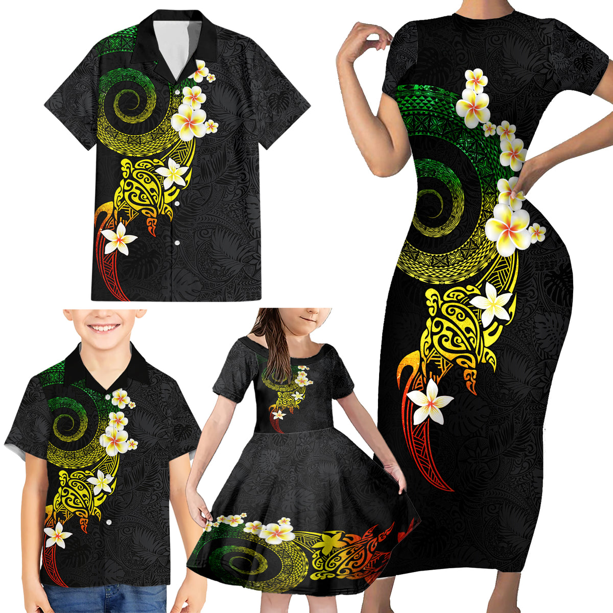Polynesian Spiral Tribal Tattoo Family Matching Short Sleeve Bodycon Dress and Hawaiian Shirt Reggae Color LT03 - Polynesian Pride