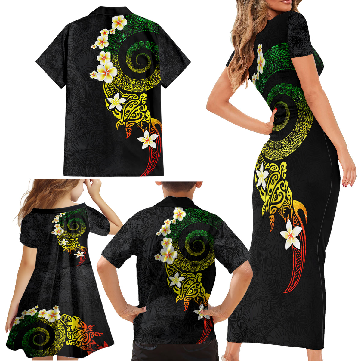 Polynesian Spiral Tribal Tattoo Family Matching Short Sleeve Bodycon Dress and Hawaiian Shirt Reggae Color LT03 - Polynesian Pride