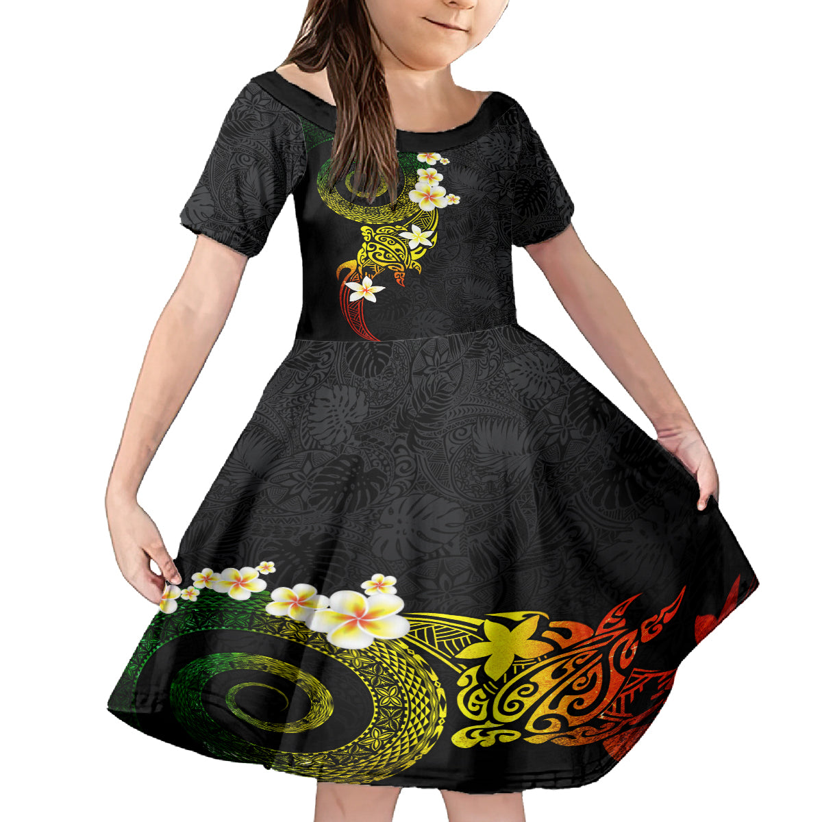 Polynesian Spiral Tribal Tattoo Family Matching Summer Maxi Dress and Hawaiian Shirt Reggae Color LT03 Daughter's Dress Reggae - Polynesian Pride