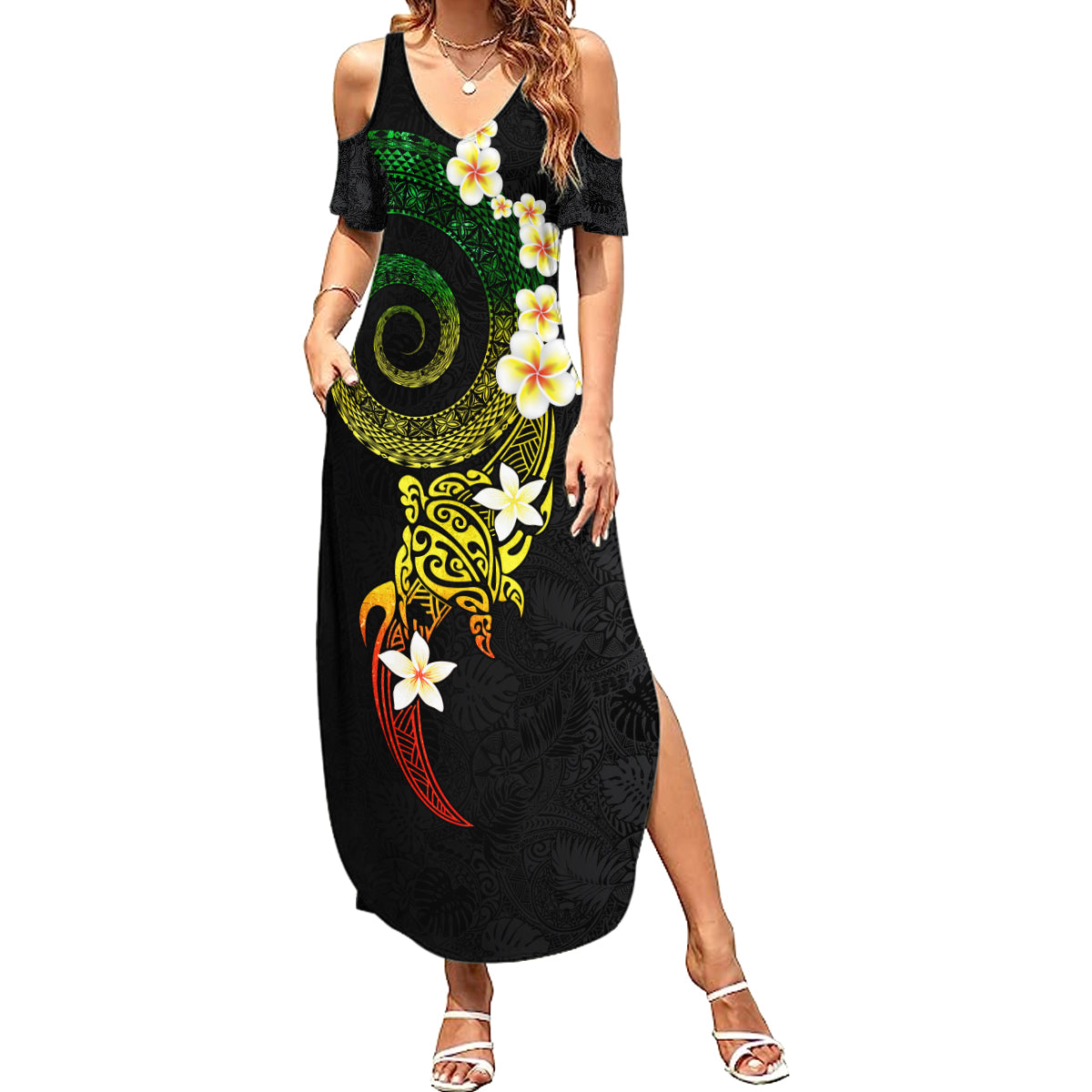 Polynesian Spiral Tribal Tattoo Family Matching Summer Maxi Dress and Hawaiian Shirt Reggae Color LT03 Mom's Dress Reggae - Polynesian Pride