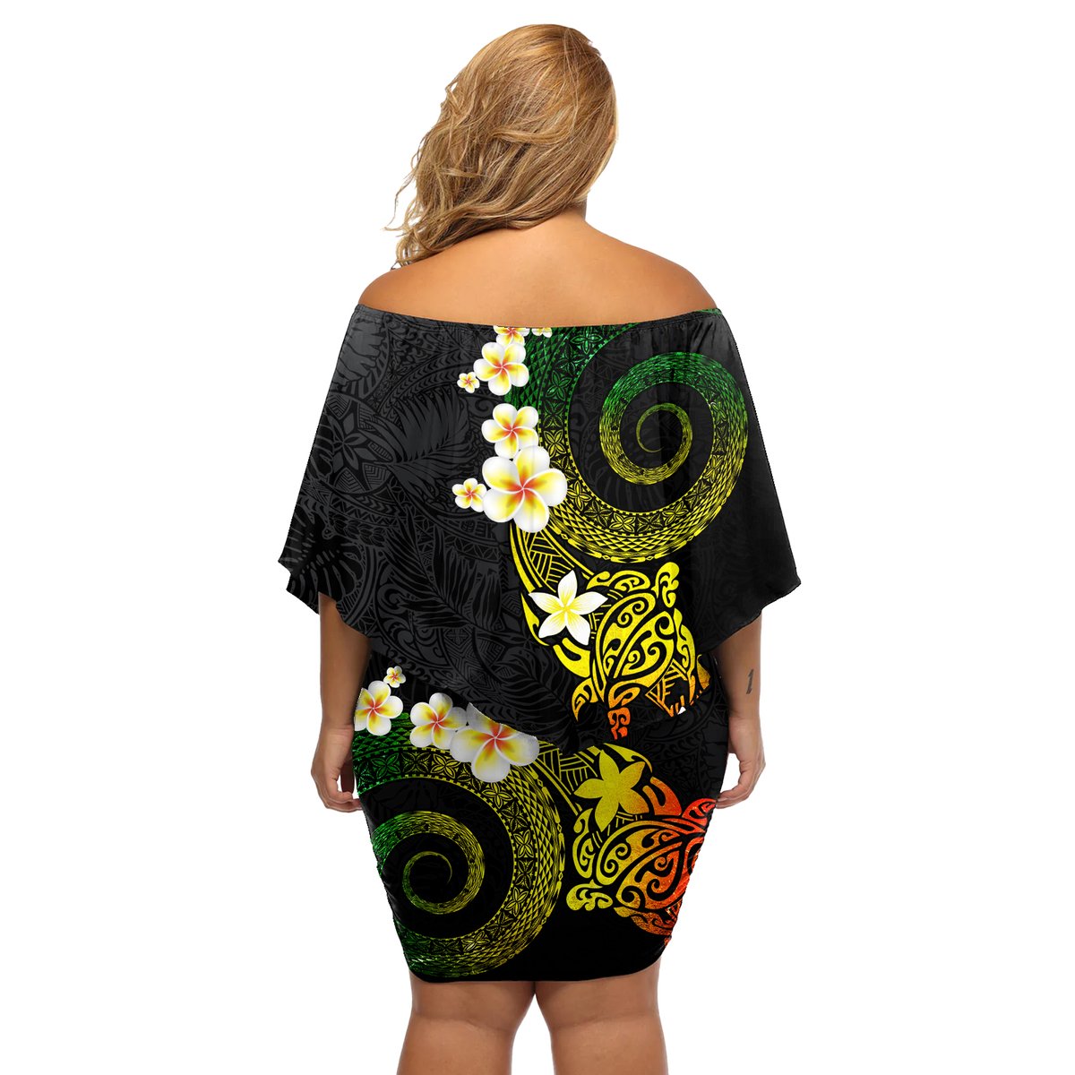 Polynesian Spiral Tribal Tattoo Off Shoulder Short Dress Reggae Color