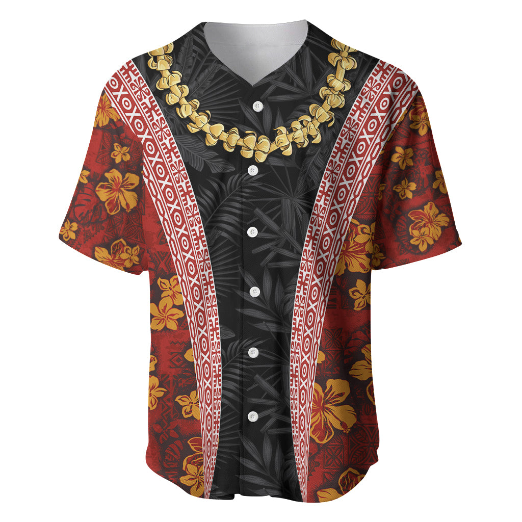 Hawaii Lei and Hibiscus Flowers Tribal Baseball Jersey Patchwork Abstract Vintage LT03 Red - Polynesian Pride