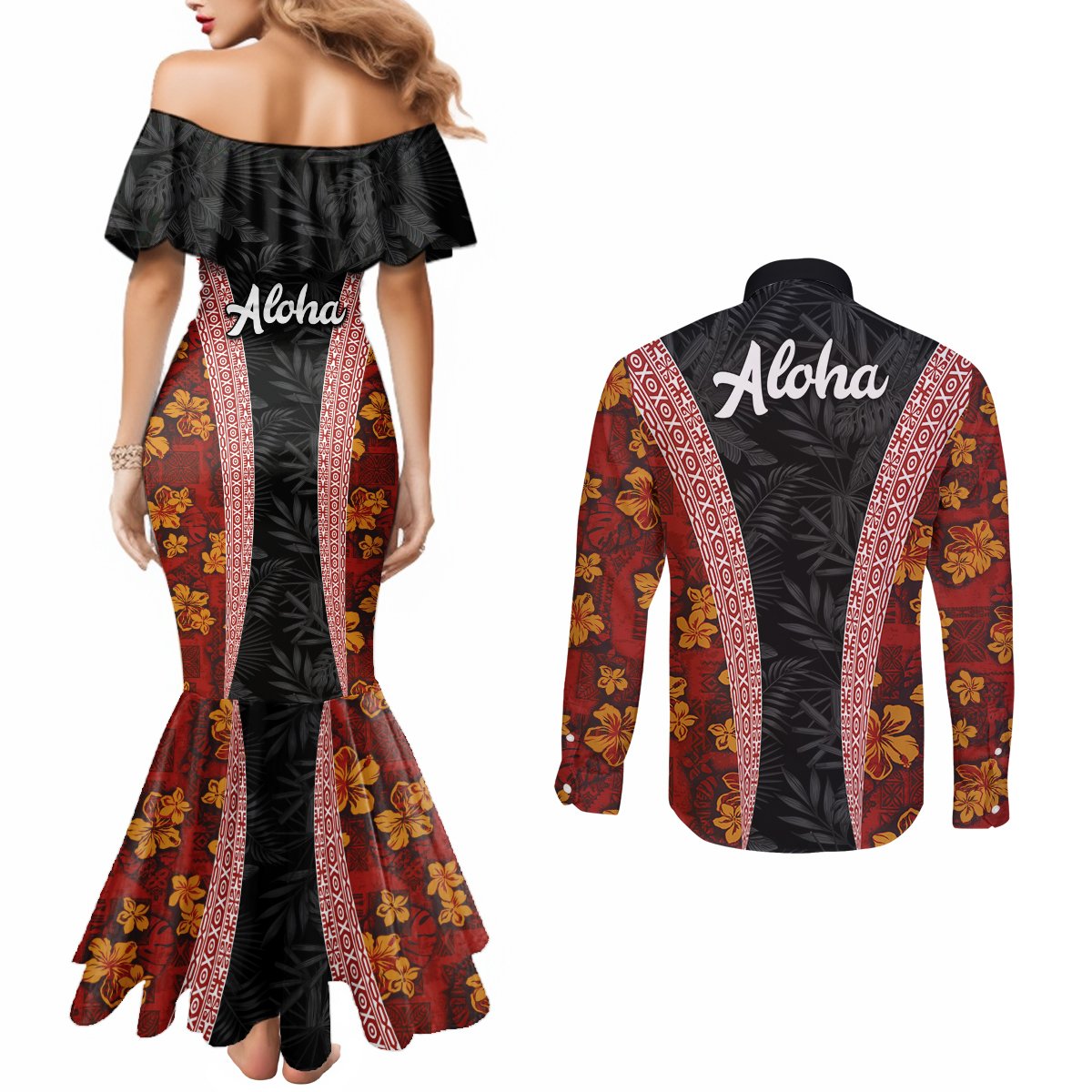 Hawaii Lei and Hibiscus Flowers Tribal Couples Matching Mermaid Dress and Long Sleeve Button Shirt Patchwork Abstract Vintage