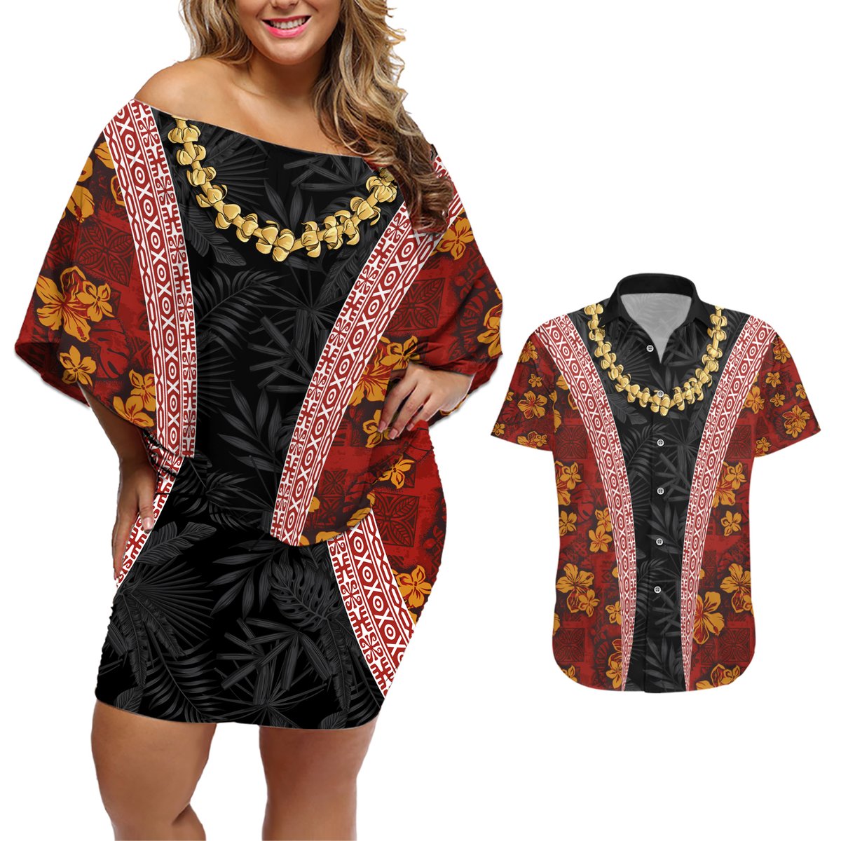 Hawaii Lei and Hibiscus Flowers Tribal Couples Matching Off Shoulder Short Dress and Hawaiian Shirt Patchwork Abstract Vintage