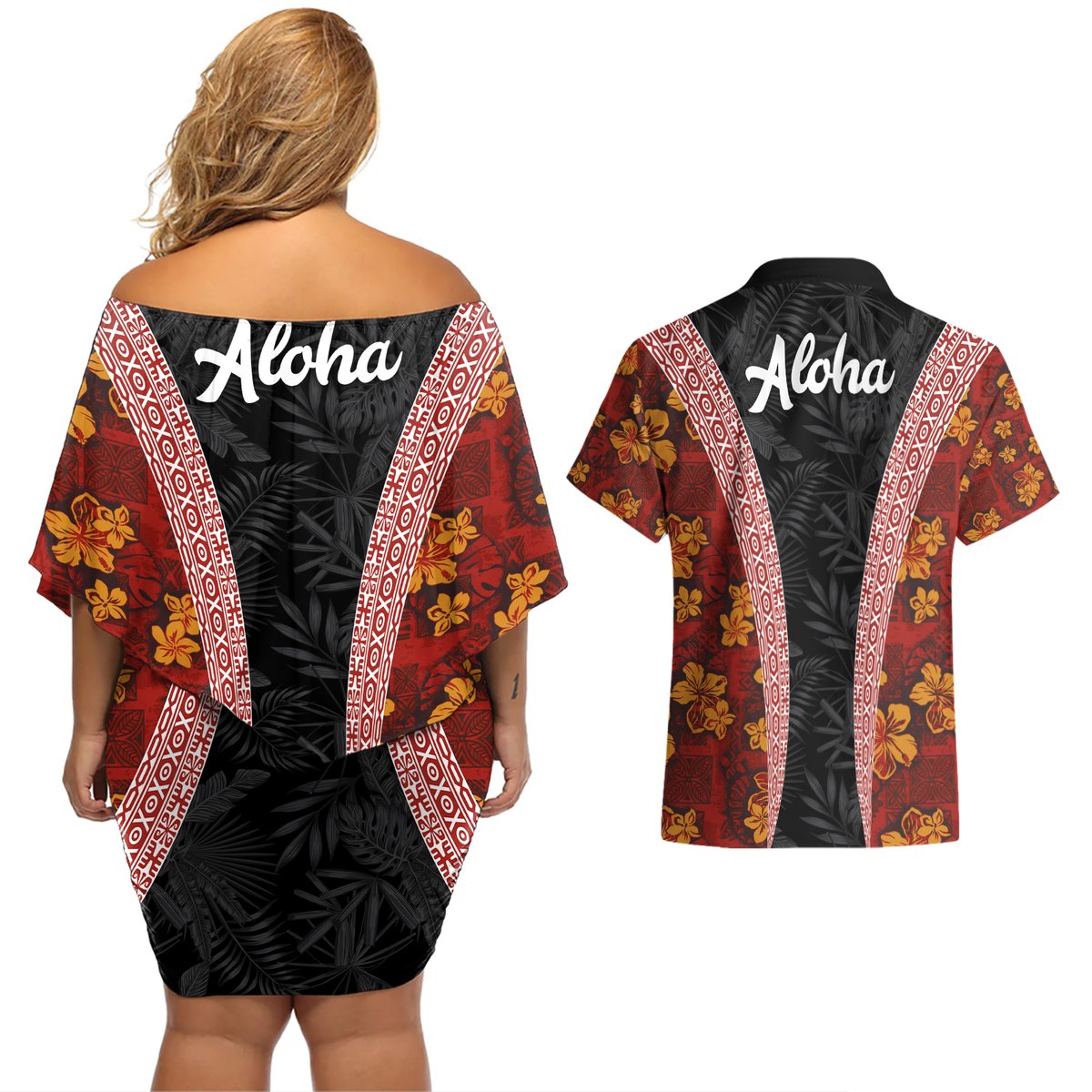 Hawaii Lei and Hibiscus Flowers Tribal Couples Matching Off Shoulder Short Dress and Hawaiian Shirt Patchwork Abstract Vintage