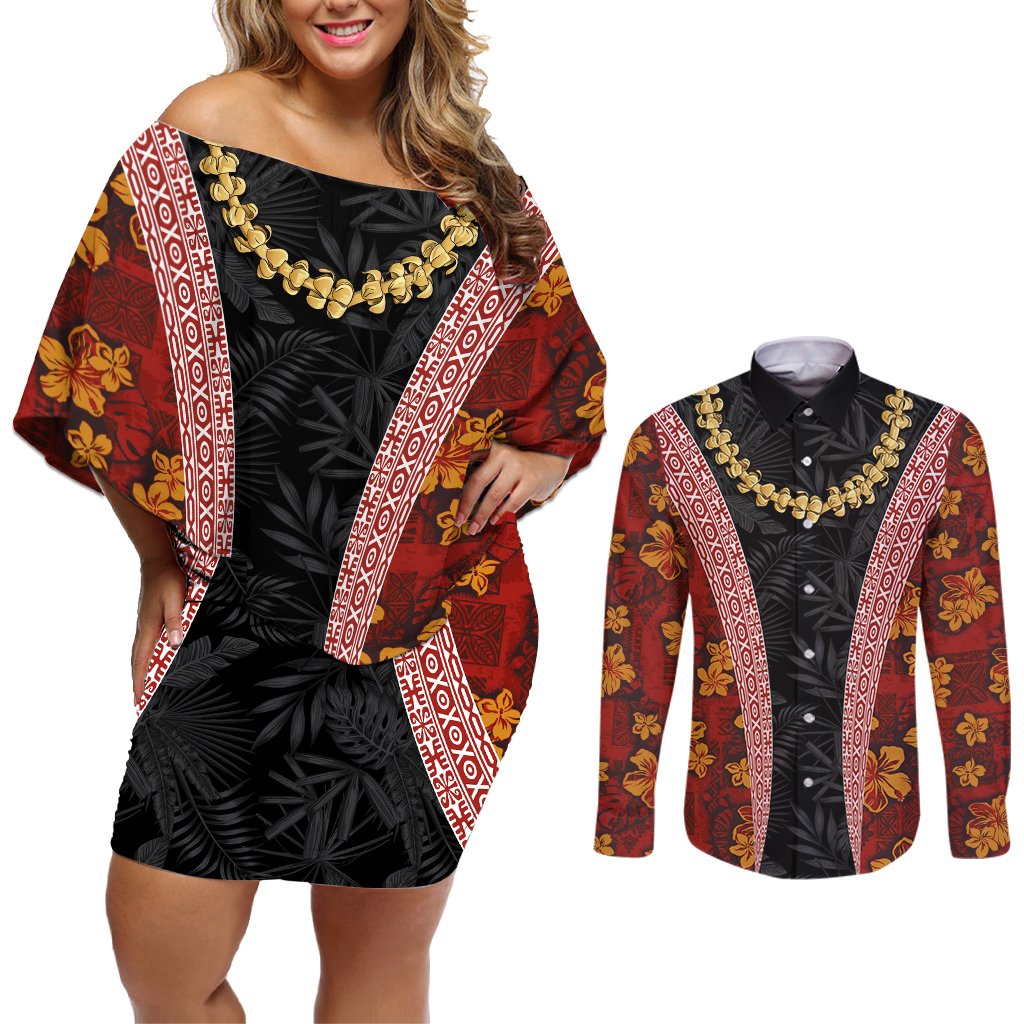 Hawaii Lei and Hibiscus Flowers Tribal Couples Matching Off Shoulder Short Dress and Long Sleeve Button Shirt Patchwork Abstract Vintage
