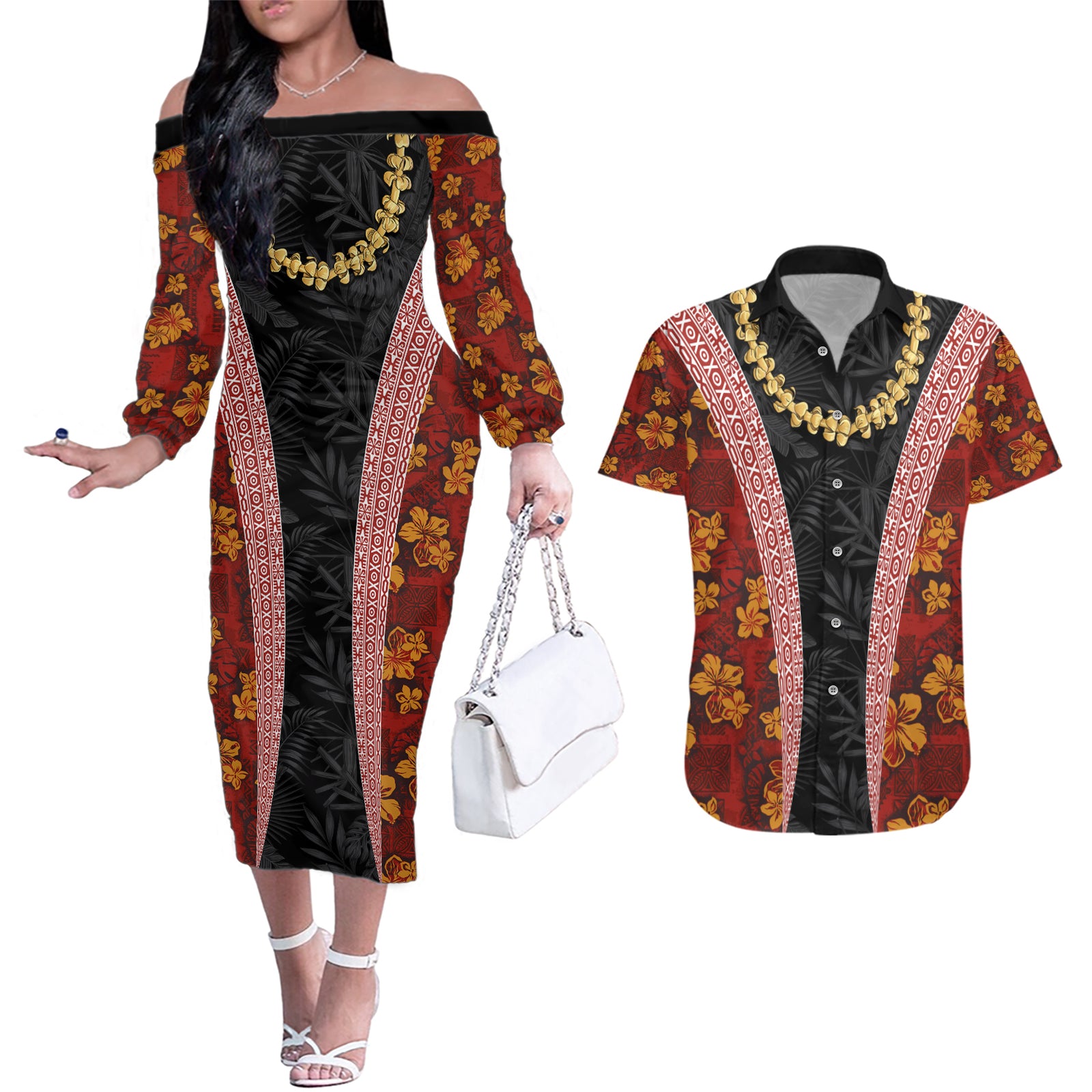 Hawaii Lei and Hibiscus Flowers Tribal Couples Matching Off The Shoulder Long Sleeve Dress and Hawaiian Shirt Patchwork Abstract Vintage