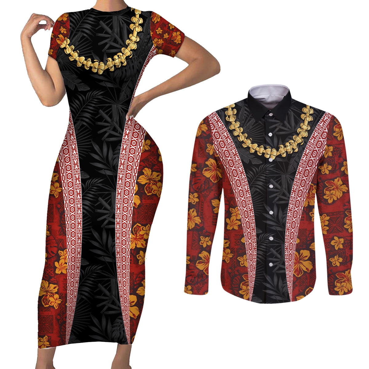 Hawaii Lei and Hibiscus Flowers Tribal Couples Matching Short Sleeve Bodycon Dress and Long Sleeve Button Shirt Patchwork Abstract Vintage LT03 Red - Polynesian Pride