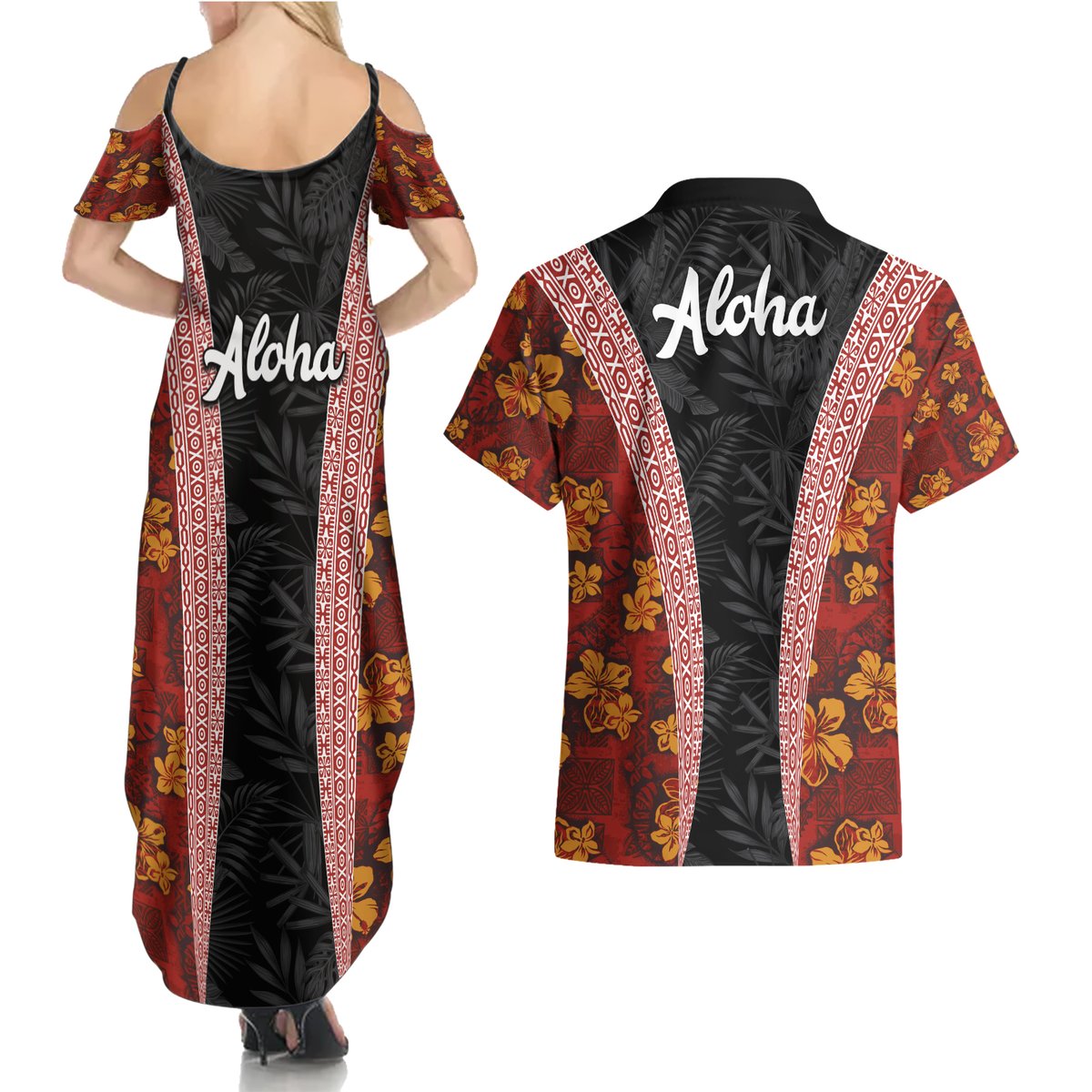 Hawaii Lei and Hibiscus Flowers Tribal Couples Matching Summer Maxi Dress and Hawaiian Shirt Patchwork Abstract Vintage
