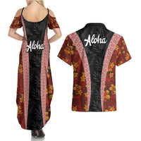 Hawaii Lei and Hibiscus Flowers Tribal Couples Matching Summer Maxi Dress and Hawaiian Shirt Patchwork Abstract Vintage