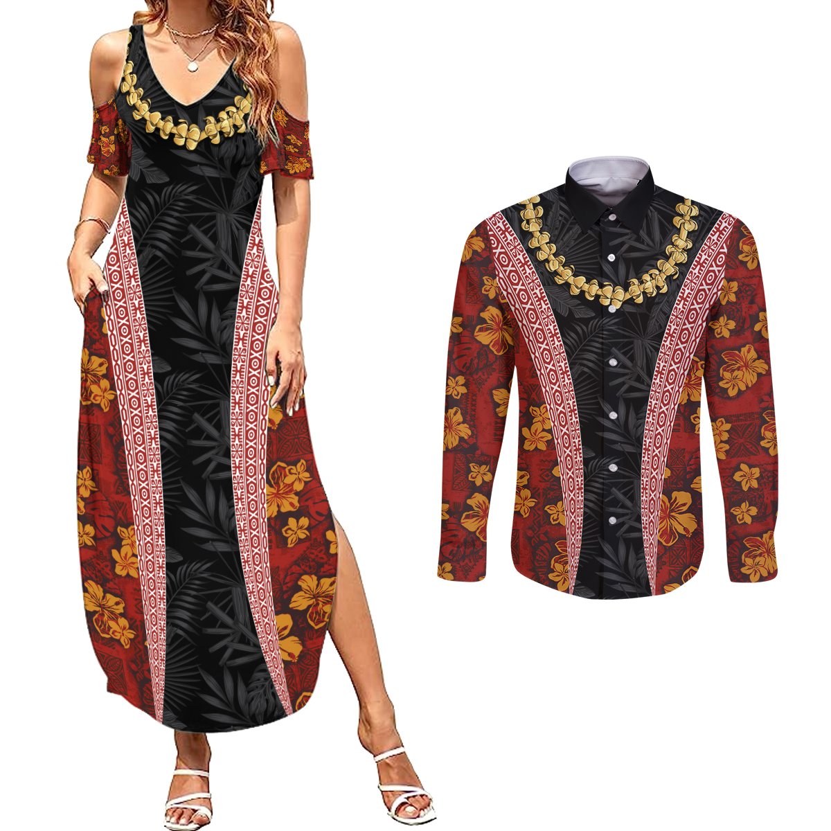 Hawaii Lei and Hibiscus Flowers Tribal Couples Matching Summer Maxi Dress and Long Sleeve Button Shirt Patchwork Abstract Vintage
