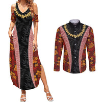Hawaii Lei and Hibiscus Flowers Tribal Couples Matching Summer Maxi Dress and Long Sleeve Button Shirt Patchwork Abstract Vintage