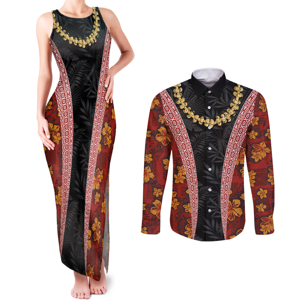 Hawaii Lei and Hibiscus Flowers Tribal Couples Matching Tank Maxi Dress and Long Sleeve Button Shirt Patchwork Abstract Vintage