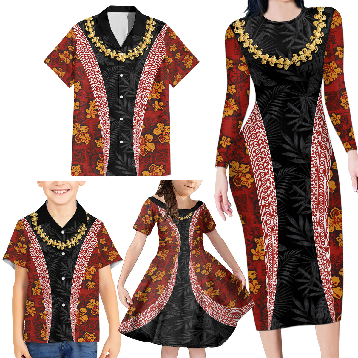 Hawaii Lei and Hibiscus Flowers Tribal Family Matching Long Sleeve Bodycon Dress and Hawaiian Shirt Patchwork Abstract Vintage LT03 - Polynesian Pride