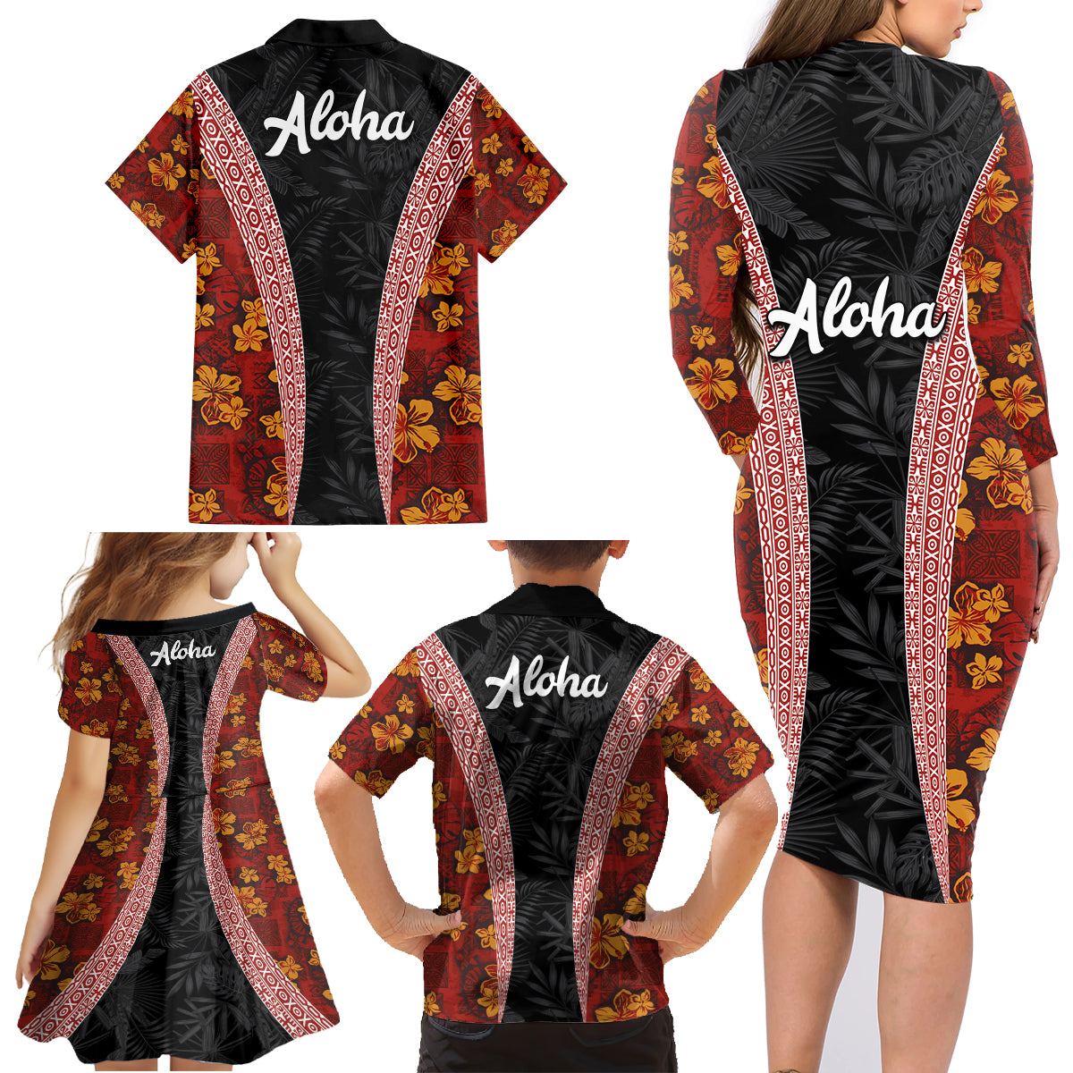 Hawaii Lei and Hibiscus Flowers Tribal Family Matching Long Sleeve Bodycon Dress and Hawaiian Shirt Patchwork Abstract Vintage LT03 - Polynesian Pride