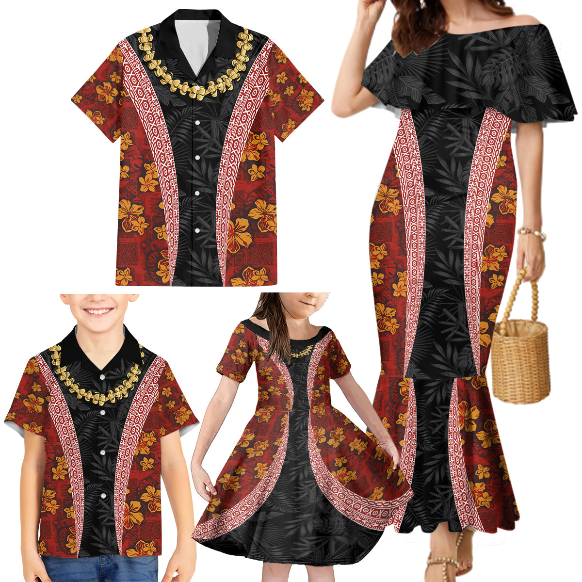 Hawaii Lei and Hibiscus Flowers Tribal Family Matching Mermaid Dress and Hawaiian Shirt Patchwork Abstract Vintage LT03 - Polynesian Pride