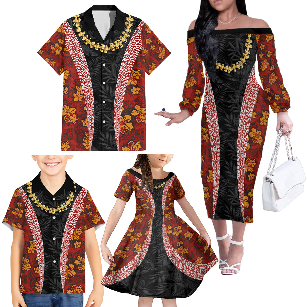 Hawaii Lei and Hibiscus Flowers Tribal Family Matching Off The Shoulder Long Sleeve Dress and Hawaiian Shirt Patchwork Abstract Vintage LT03 - Polynesian Pride
