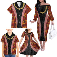 Hawaii Lei and Hibiscus Flowers Tribal Family Matching Off The Shoulder Long Sleeve Dress and Hawaiian Shirt Patchwork Abstract Vintage LT03 - Polynesian Pride