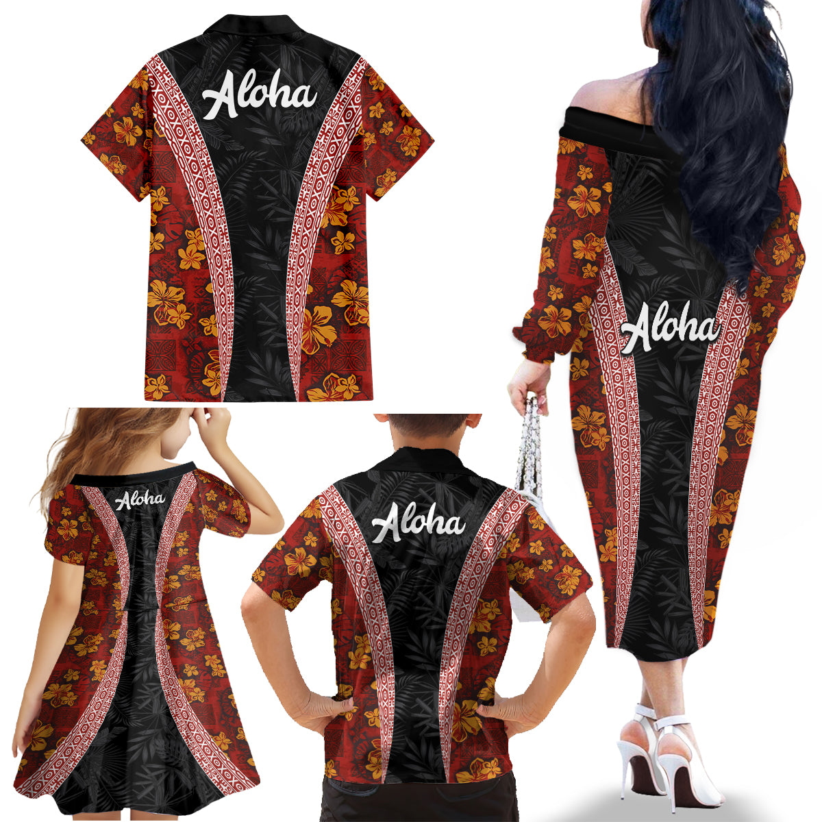 Hawaii Lei and Hibiscus Flowers Tribal Family Matching Off The Shoulder Long Sleeve Dress and Hawaiian Shirt Patchwork Abstract Vintage LT03 - Polynesian Pride
