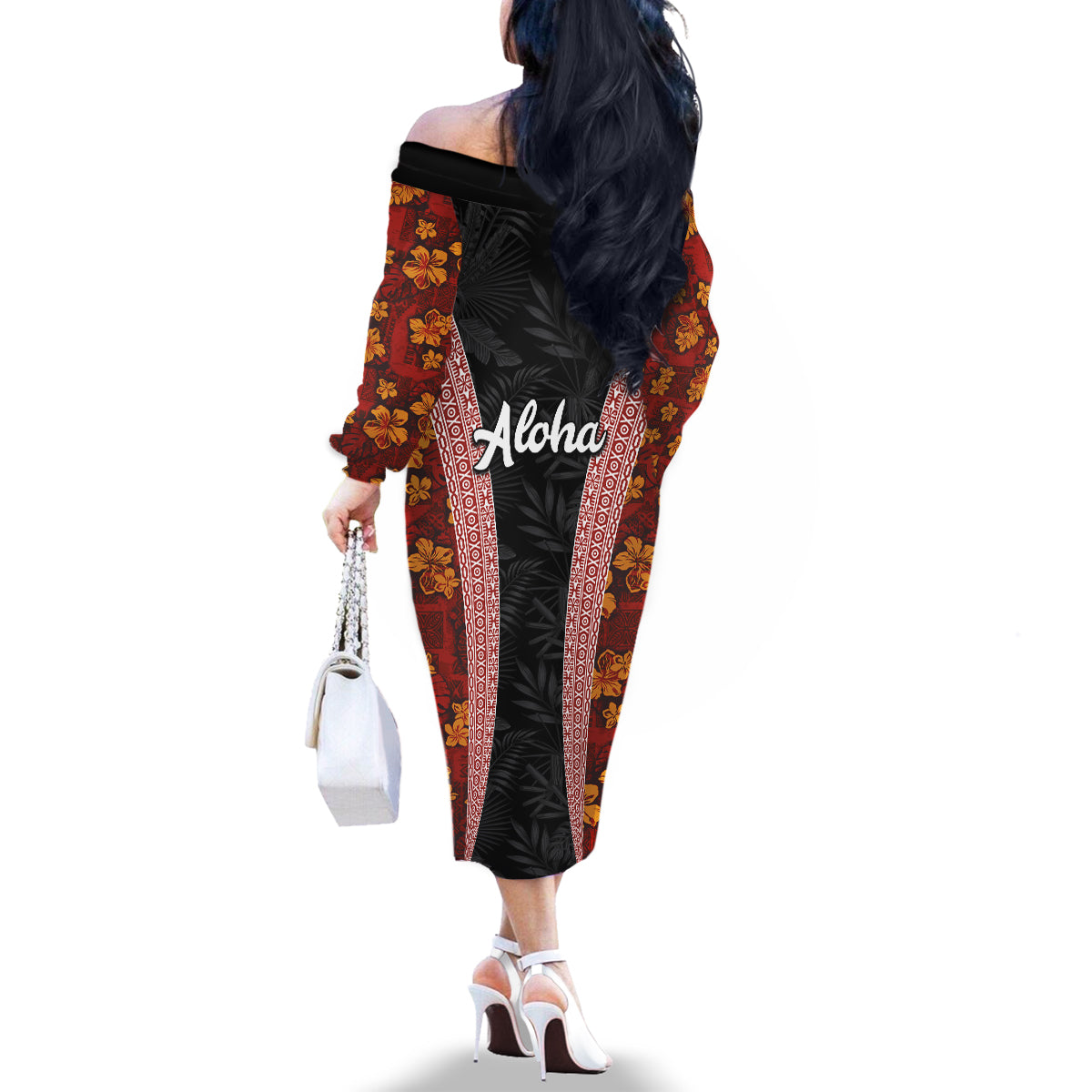 Hawaii Lei and Hibiscus Flowers Tribal Family Matching Off The Shoulder Long Sleeve Dress and Hawaiian Shirt Patchwork Abstract Vintage LT03 - Polynesian Pride