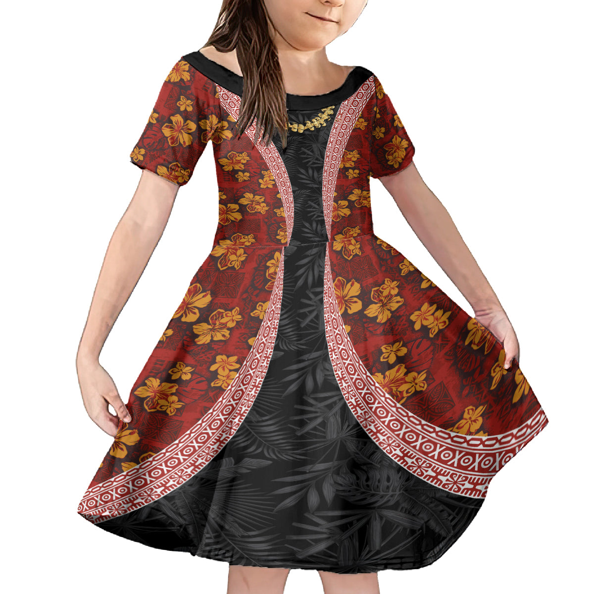 Hawaii Lei and Hibiscus Flowers Tribal Family Matching Off Shoulder Maxi Dress and Hawaiian Shirt Patchwork Abstract Vintage LT03 Daughter's Dress Red - Polynesian Pride