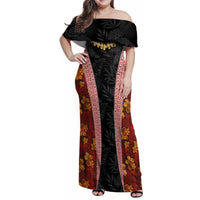 Hawaii Lei and Hibiscus Flowers Tribal Family Matching Off Shoulder Maxi Dress and Hawaiian Shirt Patchwork Abstract Vintage LT03 Mom's Dress Red - Polynesian Pride